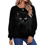 ShallWe Women's Black Cute Cat Sweatshirts Pullover Crewneck Lightweight shirts Novelty Casual Tunics Tops Fashion Spring, Black, Large