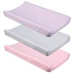 CaSaJa Diaper Changing Pad Cover for Baby Girls Set of 3, Snug Fit 4-Sided Contoured Changing Table Pad 16x31 16x32, Fitted Change Pad Sheet Gray Purple Pink, 100% Silky Soft Breathable Microfiber