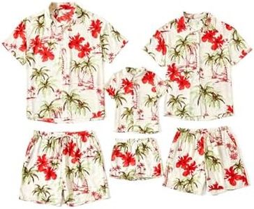 PATPAT Family Matching Outfits Hawaiian Dad and Me Beach Tropical Plant Allover Flower Print Shirt and Shorts set, Beige Beach, Small