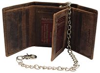 MARSHAL RFID Blocking Mens Chain Biker Vintage Genuine Leather Classic Trifold Wallet, Brown with Chain, Trifold Chain Wallet