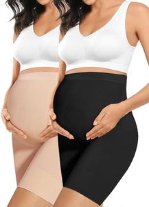 “Baby Bump” Premium Maternity Shapewear, High Waisted Mid-Thigh Pregnancy Underwear Prevent Chaffing Soft Adominal Support, Nude+Black, Medium