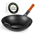 YOSUKATA Carbon Steel Wok Pan - 13,5 “ / 34 cm Woks and Stir Fry Pans - Chinese Wok with Flat Bottom Wok - Traditional Chinese Japanese Woks - Black Steel Wok