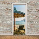A.Monamour 3D Door Stickers for Interior Doors Tropical Island Umbrella and Chairs on Sandy Beach Seascape Vinyl Waterproof Self Adhesive Door Mural Decals for Bedroom Office Bathroom 85 x 200 cm