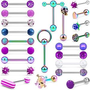 Leiainely 14G Silver/Rose-Gold/Rainbow Tongue Rings Piercing Jewelry for Women Men Work Surgical Steel Metal para La Lengua Aretes Tounge Barbell Set, Metal, stainless-steel