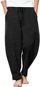 COOFANDY Men's Baggy Capri Trousers Drawstring Vacation Linen Beach Pants Summer Black XL