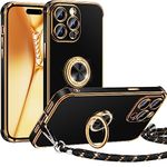 Miss Arts for iPhone 15 Pro Case with Ring Holder stand, Electroplated Luxury Phone Case with Lanyard Women Girls, Soft TPU Protective Shockproof Cover for iPhone 15 Pro, Black