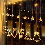 138 LED Christmas Curtain Light,Luxear 7.5ft Led Curtain Lights Connectable Star Jingle Bell Elk Xmas Tree Christmas Lights Window Decoration 8 Modes for Diwali Home Bedroom Wedding Party,Warm White