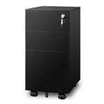 DEVAISE 3 Drawer File Cabinet with Lock, Metal Rolling Filing Cabinets for Home Office, Small Under Desk Cabinet with Slim Width (11.8 inch), Black