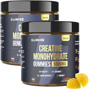EcoWise Wellness Creatine Monohydrate Gummies 5000 mg, Mango Flavor, 120 Sugar-Free Vegan Chews, Creatine Supplement for Daily Routine, Pack of 2