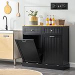 GAZHOME Double Tilt Out Trash Cabinet with Charging Station, Upgrade Wooden Trash Cabinet with Outlet,Recycling Cabinet with Hideaway Drawer,20 Gallon Tilt Out Trash Cabinet(Black)