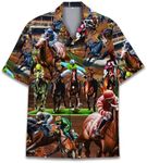 HIHI GLOBAL Neon Alien Hawaiian Shirt for Men Women, Alien Shirt Button Down Short Sleeve, Alien Mens Hawaiian Shirts, Horse Racing 2, X-Large