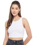 LE BOURGEOIS Women Solid Slim Fit Round Neck Sleeveless Cotton Rib Casual Crop Top Dance Vest Sando (Small, White)