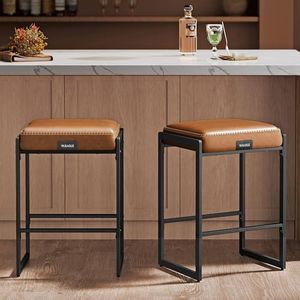 VASAGLE EKHO Collection - Bar Stools Set of 2, Counter Height Bar Stools, Synthetic Leather with Stitching, Mid-Century Modern Counter Stools, 26-Inch Tall, Kichen Home Bar Dining Room, Caramel Brown