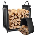 Firewood Rack Fireplace Log Holder with Canvas Carrier, Outdoor Indoor Firewood Rack Holder Logs Stand for Fireplace Wood Storage, 20 inch Tall, Black