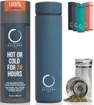 Pure Zen Tea Thermos with Infuser - Stainless Steel Insulated Tea Infuser Tumbler for Loose Leaf Tea, Iced Coffee and Fruit-Infused Water - Leakproof Tea Tumbler With Infuser - 15oz - Blue