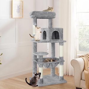 BEASTIE 143cm Multi-Level Cat Tree Tower with Scratching Posts, Sisal-Covered Cat Condo Play House Wood Furniture with Plush Perch, Light Grey Cat Scratcher Tower for Kittens Climbing and Rest