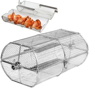 Rotisserie Basket for Outdoor Grill (15.4" x 6.8" x 6.4") - Heavy Duty Stainless Steel BBQ Basket with Reinforced Latch & Safety-Smooth Edges - Splits Apart for Easy Cleaning - Fits Most Grills