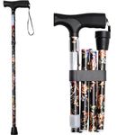 iCatchy Walking Flexible Stick, Easy Adjustable Height Folding Extendable Walking Aid Mobility Aid Collapsible Walking Stick for Unisex UKCA Approved (Black Flower)