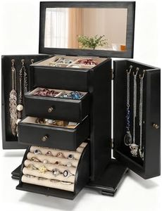 Yoimori Jewelry Box for Women, 4 Layer Wooden Jewelry Organizer Boxes with Mirror, Rustic Jewelry Box & Organizers for Rings Earrings Necklaces Bracelets Display (Black)