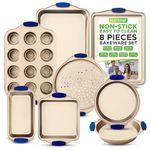 8-Piece Nonstick Bakeware Set - PFOA, PFOS, PTFE-Free Carbon Steel Baking Trays w/Heatsafe Blue Silicone Handles, Oven Safe Up to 450°F, Pizza Loaf Muffin Round/Square Pans, Cookie Sheet