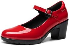 DREAM PAIRS Women's Chunky Low Block Heels Mary Jane Closed Toe Work Pumps Comfortable Round Toe Dress Wedding Shoes,Size 5,RED-PAT,SDPU2231W