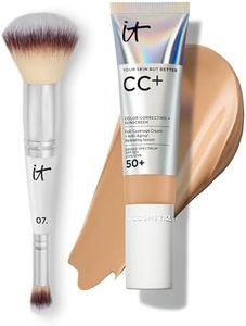 IT Cosmetics CC+ Cream with SPF 50+ Natural Finish Full Coverage Foundation (Neutral Tan - 1.08 fl oz) & 2-in-1 Concealer and Foundation Brush #7 for Buffing and Blending Face Makeup