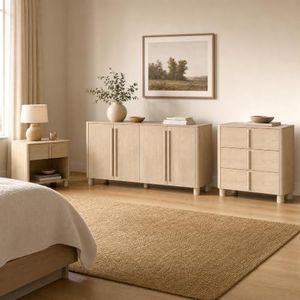 Caldera Collection 3-Piece Furniture Set, Faux Marble & Wood Storage Set with Nightstand, 3 Drawer Accent Cabinet and 4 Door Sideboard Buffet Cabinet, Curved Design with Rounded Body, Natural Wood