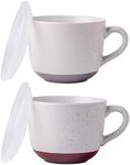 AmorArc Ceramic Soup Mugs with Lid, 32 oz Large Soup Cups with Hanlde for Coffee, Cereal, Salad, Noodles, Tea, Soup Bowls Cups, Microwave&Dishwasher Safe, Set of 2 (Gray & Red, 24oz - Set of 2)