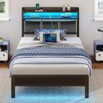 Rolanstar Bed Frame Twin Size with Charging Station and LED Lights, PU Leather Headboard with Storage Shelves, Heavy Duty Metal Slats, No Box Spring Needed, Noise Free, Easy Assembly, Black