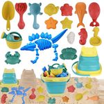 Jeackcelle Sand Toys for Kids - Beach Toys Set, 25PCS Dinosaur Beach Toys Set with Collapsible Beach Bucket, Travel Beach Toys Sand Molds, Rake, Sandbox Toys, Sand Castle Building Kit for Toddlers