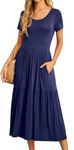 GRECERELLE Womens Summer Maxi Dress Casual Short Sleeve Crew Neck Swing Dress Flowy Tiered Party Dress with Pockets for Weddings, Holidays (Navy Blue, L)