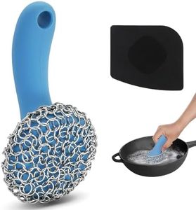 Cast Iron Scrubber with Long Handle | 316 Cast Iron Cleaner Chainmail Scrubber for Pan Skillet Cleaner - Dish Scouring Pad Dishwasher Safe Cleaning Kit (Blue, 1 Scrubber + 1 Scraper)
