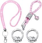 Leelosp Bling Rhinestone Wristlet Neck Lanyards Crystal Car Keychain with Diamond Metal Clasp Keychain for Women ID Badge (Pink)