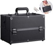 Professional 14.2 inches Large Makeup Train Case-4 Trays Cosmetic Cases,Large Makeup Storage Organizer Box with Lock and Compartments, Black,36x22x25cm