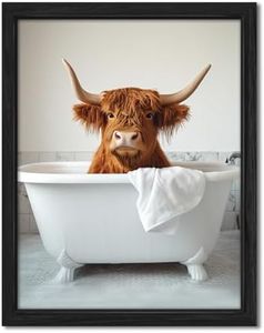 ZXDZSM Highland Cow Funny Wall Art, Animal Canvas Art, Rustic Farmhouse Wall Decor (12x16inch, FRAMED)