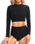 Pinup Fashion Two Piece Rash Guard Long Sleeve Bathing Suits Women Swimsuit Top with High Waist Bottom Tankini Set UV UPF 50+, Black, X-Large
