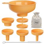 Pisol Wide Mouth Versatile Funnel, Canning Funnels for Kitchen Use, Food Grade Plastic Cooking Funnel Set with 4 Size Spouts and 2 Strainers for Filling Different Bottles and Bags, Orange