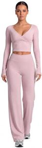 YOUNGDEER Women Long Sleeve Workout Top, Crossover V Neck Cropped Yoga Shirt, Ballet Style Slim Fit Gym Topa (Small,Ash Pink)