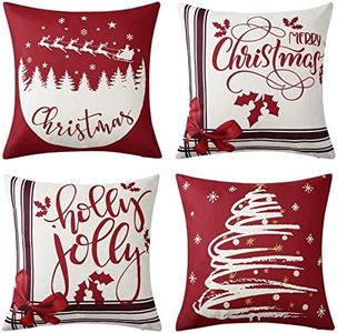 CAROMIO Federa per cuscino natalizio, confezione da 4 federe decorative in finto lino, colore rosso, per divano, soggiorno, letto, divano, auto, quadrato, 45 x 45 cm