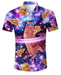 ALISISTER Mens Hawaiian Shirt 3D Pizza Cat Printed Short Sleeve Ugly Shirts Tropical Button Down Shirt Beach Holiday Aloha Summer Regular Shirts Purple L