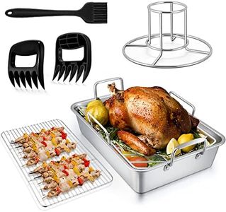 TeamFar Roasting Pan, 14 In Stainless Steel Turkey Roaster Pan with Cooling Rack & V Rack, Beer Can Chicken Holder/Meat Claws/Brush, Healthy & Dishwasher Safe, Set of 7