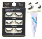 HUDA GIRL Eye Lashes for Women - Black Handmade Natural Thick Long Polyester, 3 Pairs False Eyelashes with Eyelash Glue - Empathetic Reusable Extensions for Womens, Girls - Eyelash with glue Set