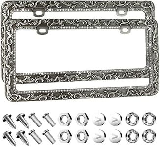 Valor Metal Car License Plate Frames,Antique Old Pattern Printing, Bling Crystal Rhinestones Inlaid,Universal 2 Holes Automotive Replacement Parts Plate Holder(2 Pack)