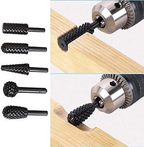 1/4" 6mm Rotary Burr Set Power Tools Wood Grinding Engraving Carving File Rasp Drill Bits Rotary Drill Burrs Shank Bit Set for Woodworking Kit Pack of 5 （Black）