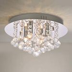 A1A9 Modern Flush Mount Crystal Chandelier, K9 Crystal Droplet Round Chrome Ceiling Lights, Elegant LED Pendant Lamp Fixture for Living Room, Dining Room, Bedroom, Lounge D35cm (4 Lights)