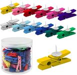 Belle Vous 70 Pack Wooden Multicolour Peg Clips with Push Pin Thumbtacks - Colourful Pushpin Craft Clothespin Tacks for Wall Cork Boards, Paper Notes, Photos, Projects, Decorative Crafts and Drawing