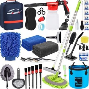 AUTODECO 42Pcs Car Wash Detailing Kit Cleaning Kits with Foam Gun Sprayer Wash Brush with Long Handle Collapsible Bucket Large Wash Mitt Towels Complete Interior Exterior Car Washing Supply Set Blue