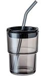 KiKiluxxa Black Glass Kids Fruit Juice Milk Sipper Tumbler Mug with Straw and Lid - 435Ml - Pacl of 1- Green Tea Coffee Soda Can Cup with Straw (B Zondo 1)