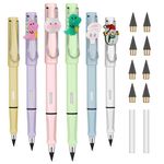 OFFCUP Everlasting Pencil, 6pcs Infinity Pencil with Eraser and Replacement Nibs, Reusable Inkless Pencil for Writing, Drawing, Students Home Office School Supplies (Cartoon)