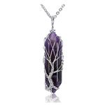 JOVIVI Tree of Life Amethyst Crystal Pendant Necklace Silver Wire Wrapped Purple Gemstone Healing Point Chakra Quartz Necklace for Women Men